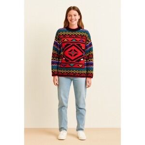 Vintage KITTY HAWK Bright Colorful Pullover Sweater Fairisle Geometric Medium